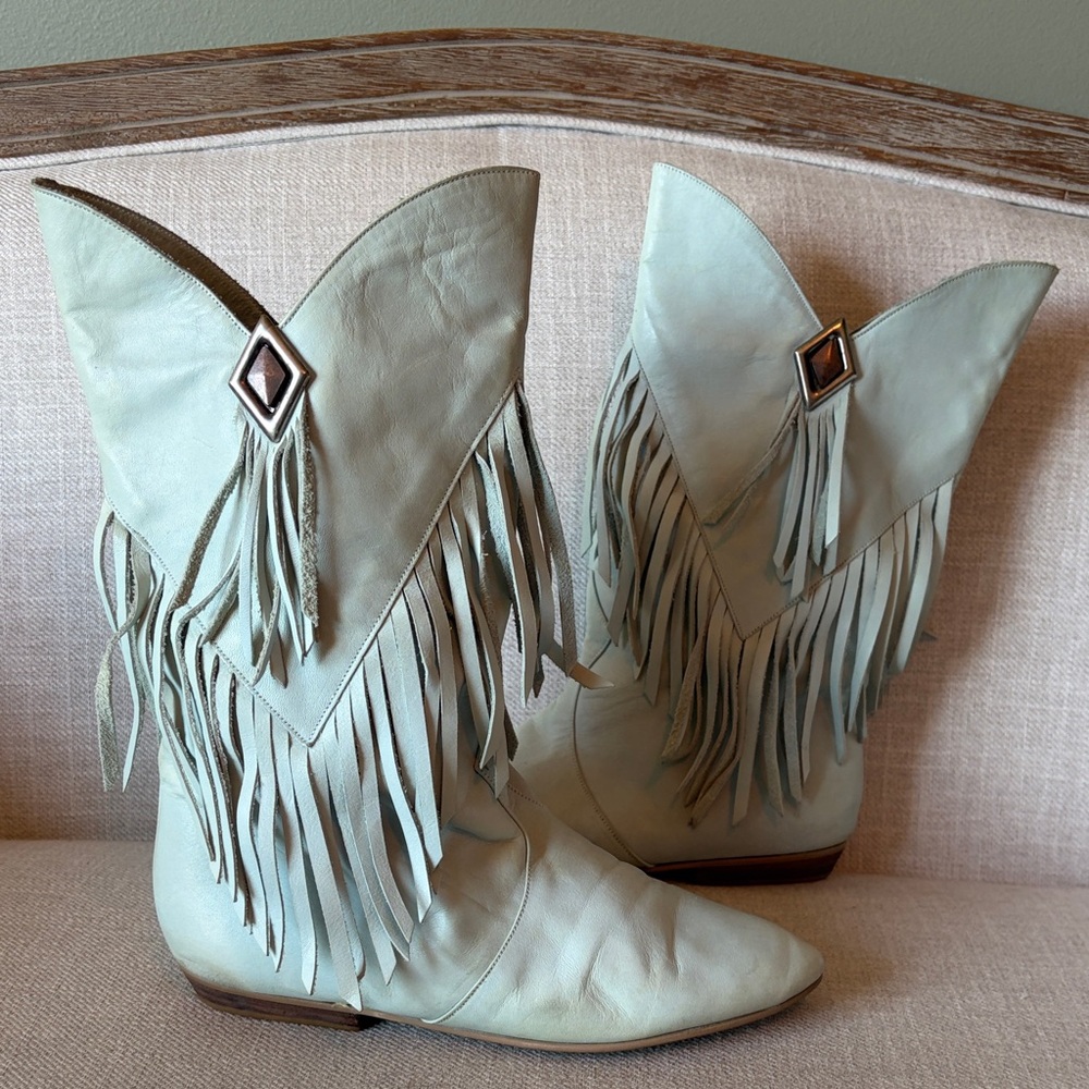 L.J. Simone New York Size 6.5 Vintage Blue Leather Fringe Cowboy Western Boots